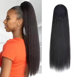 Peluca con cordón para mujer negra, extensión de cola de caballo recta rizada, cabello sintético largo Yaki, cabello afro negro Natural