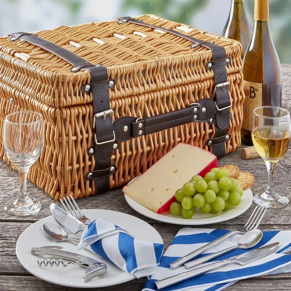 Picnic Basket Set untuk 2 peralatan lengkap dan alat makan termasuk