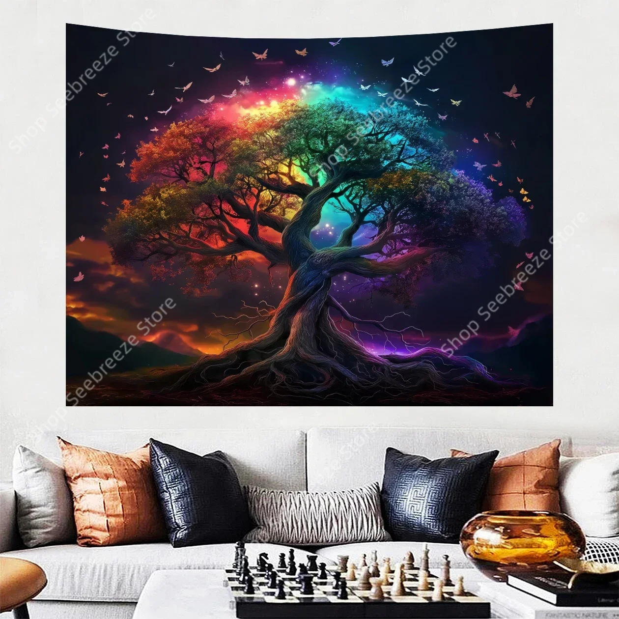 Tree of Life Tapestry Space Starry Night Tapestries Neon background Wall Hanging for Bedroom Aesthetics Living Room Dorm Decor