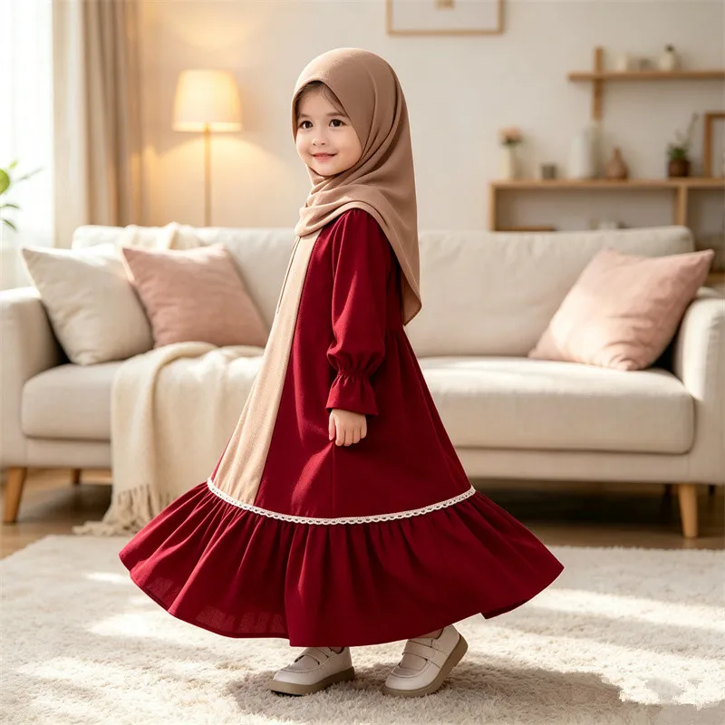Conjunto de 2 Peças: Vestido Infantil Muçulmano para Meninas, Caftan Árabe de Dubai, Jalabiya, Djellaba, Abaya, Khimar, Roupa de Oração Islâmica para 