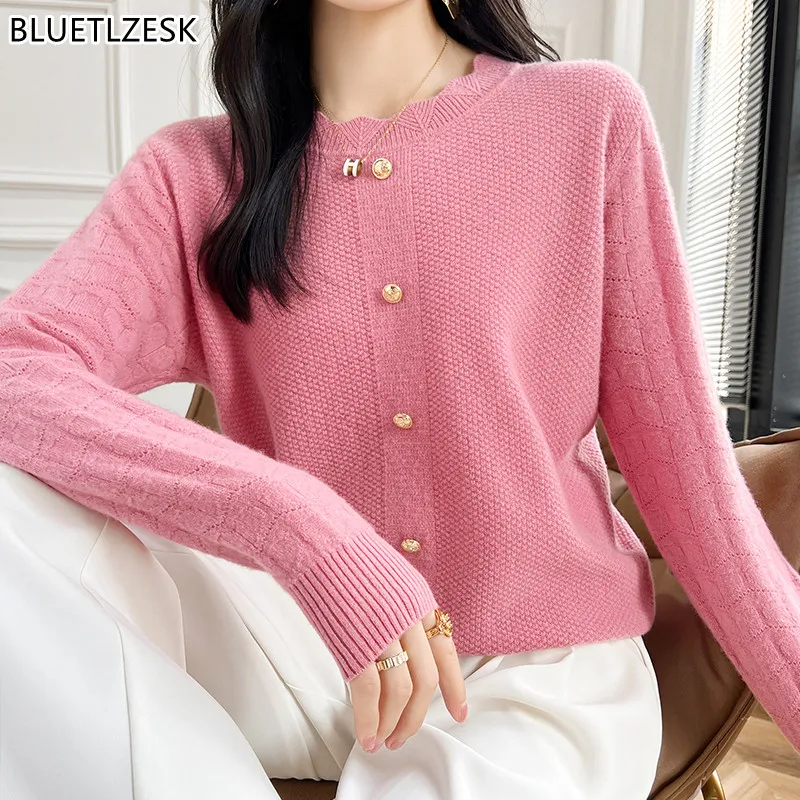 Women\'s Pullover Autumn/Winter 100% Wool Sweater Casual Solid Knit Sweater Round Neck Loose Tops Fashion Korean Hollow Blouse