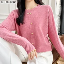 Women's Pullover Autumn/Winter 100% Wool Sweater Casual Solid Knit Sweater Round Neck Loose Tops Fashion Korean Hollow Blouse