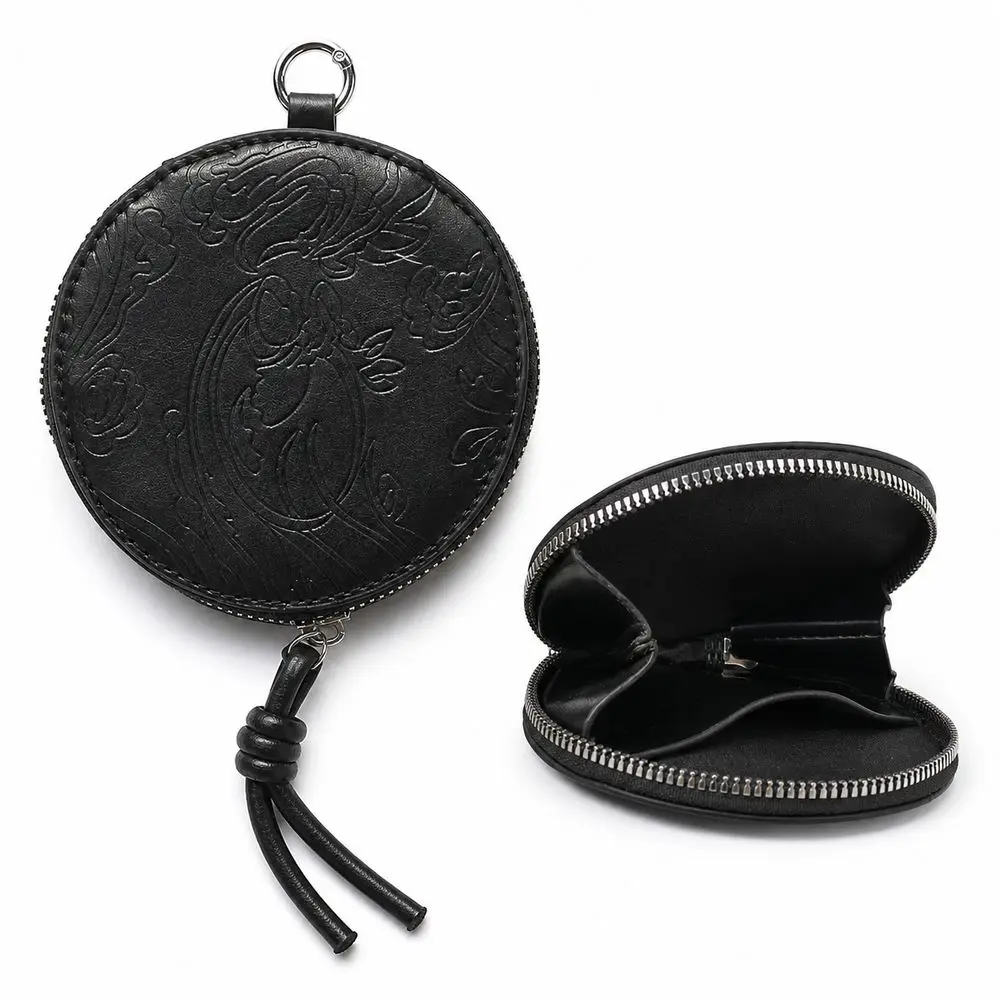 PU Leather Round Coin Purse Embossed Pattern Round Shape Change Purse Zipper Closure Cord Pull Small Coin Wallet