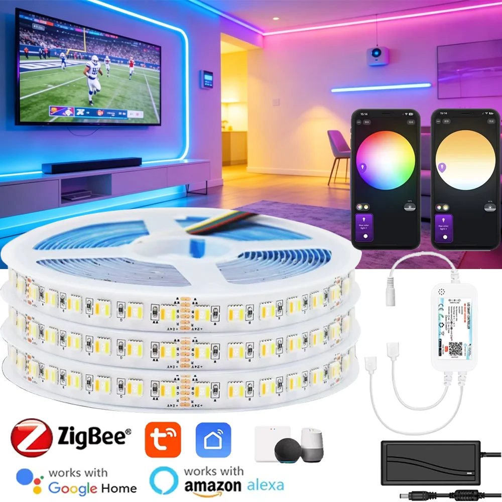 Zigbee 24V 5050 RGBCCT 5 in 1 LED Strip Lights RGB WW CW Strip Light Flexible Tape APP/Voice/Control for Alexa Google Home Decor