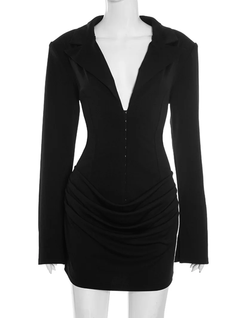 فستان XIAOTANG قصير مثير بأكمام طويلة وفتحة رقبة على شكل V عميقة للنساء للخريف والشتاء فساتين بليزر للحفلات والنوادي بخصر عالٍ للسيدات