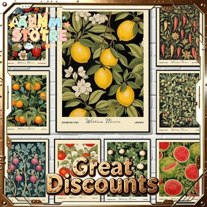Vintage Food William Morris Fruit and Botanical Poster Orange Olive Lemon Canvas Painting Wall Art for Kitchen Room Home Deco