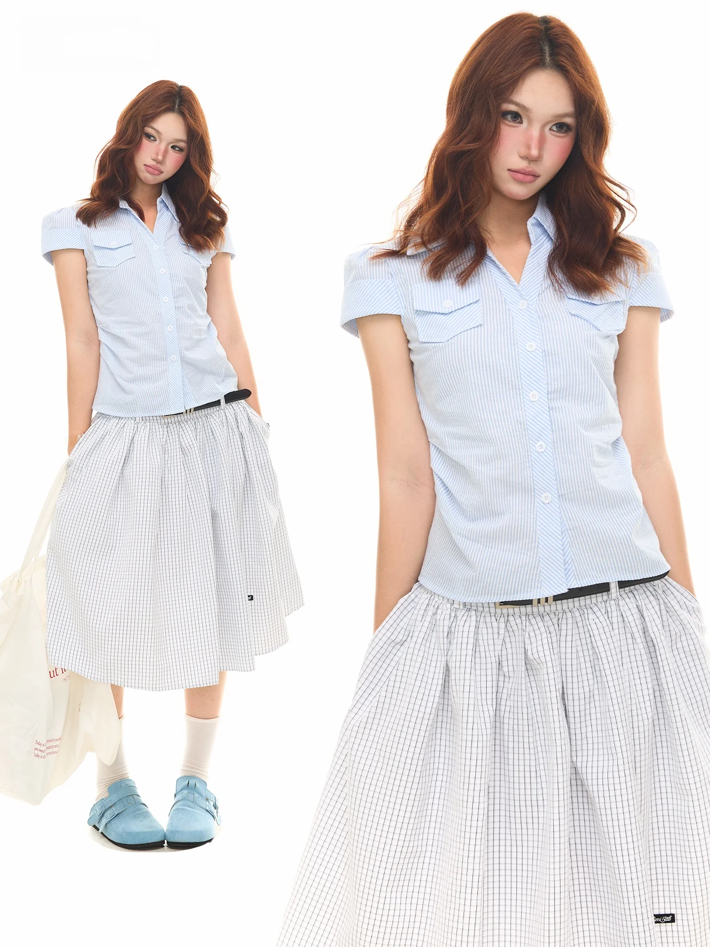

Sanowers Preppy Blue Striped V-neck Short Sleeve Shirt Women's Slimming Design Short Length Cotton Polyester Summer Shirt