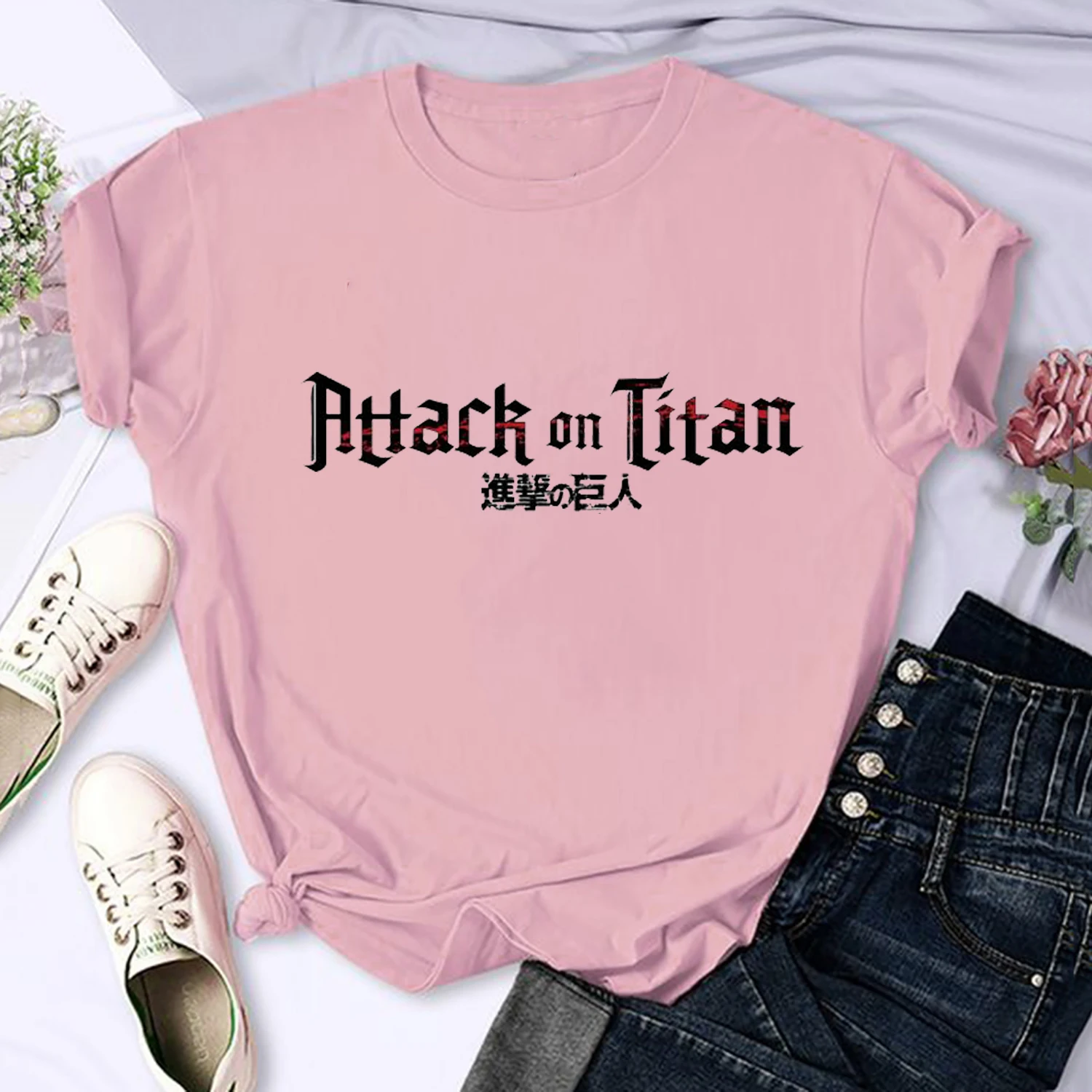 New Anime Attack Titan Graphic Printing Harajuku T-Shirt Casual Fashion Short Sleeve Plus Size Ladies Short Sleeve Pink T-Shirt