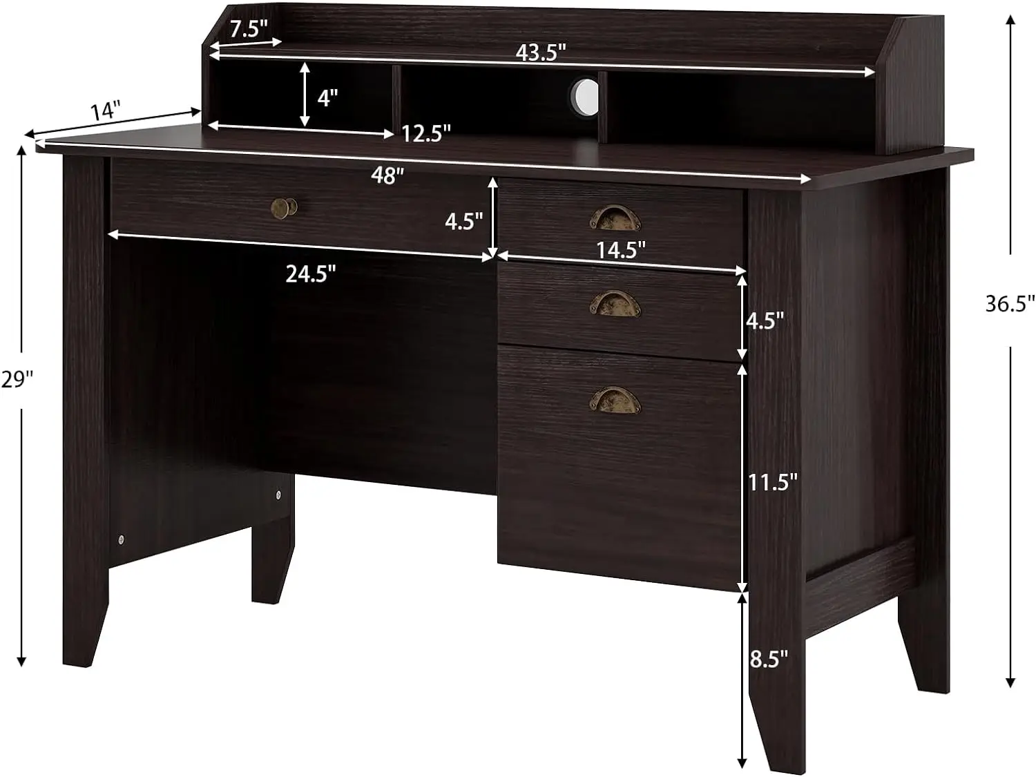 48"" Computer Desk With 4 Storage Drawers And Hutch Wood Executive Table For Pc Laptop