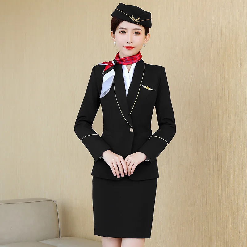 IZICFLY New Style fall Outfits Women Suits Office Sets With Skirt Business Airline Stewardess Elegant Formal Work Wear Red