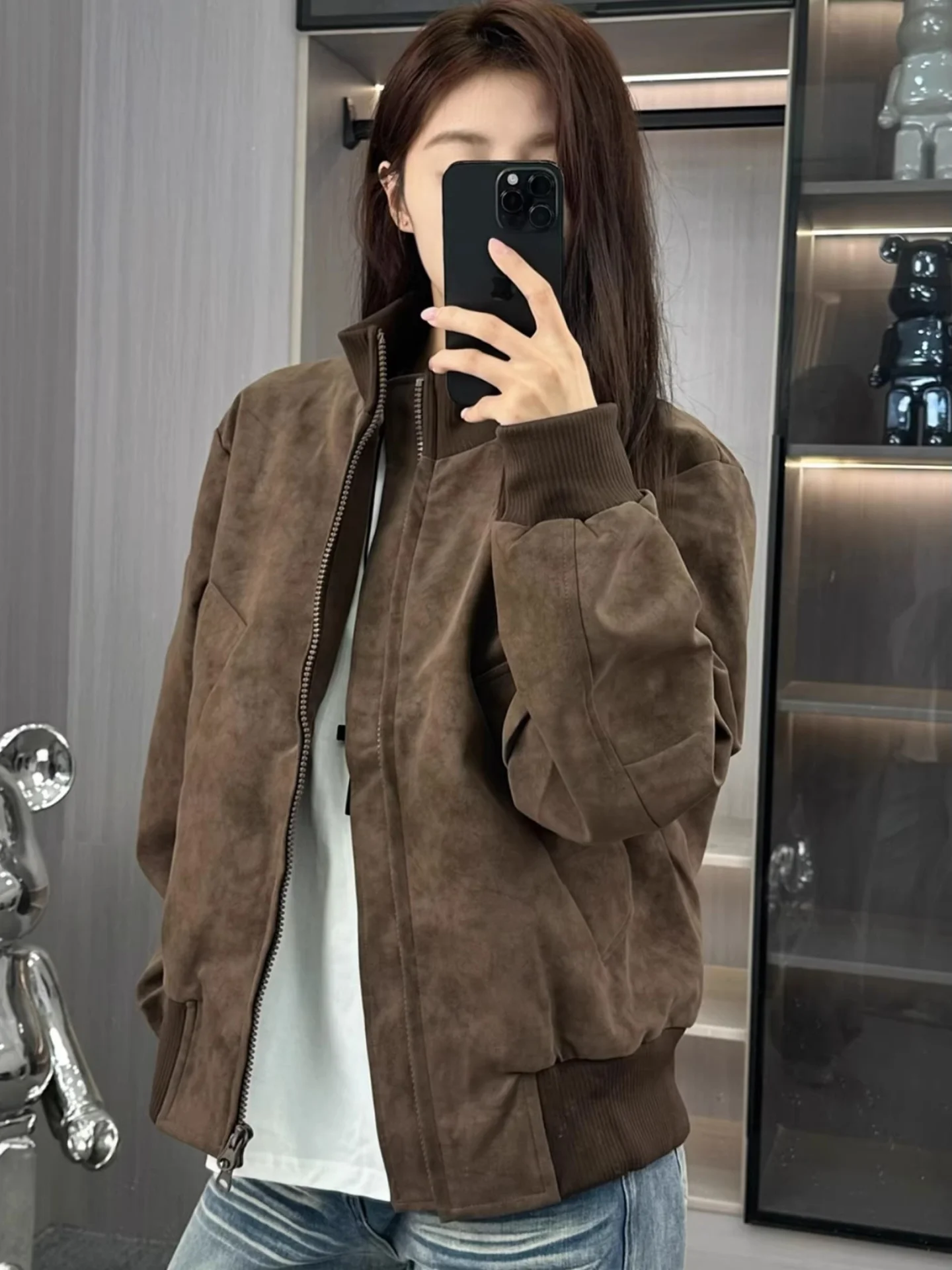 

Мужская коричневая куртка из искусственной кожи с флисовой подкладкой, воротником-стойкой, из окрашенного хлопка, в американском ретро-стиле, с отделкой из овечьего вельвета, на молнии