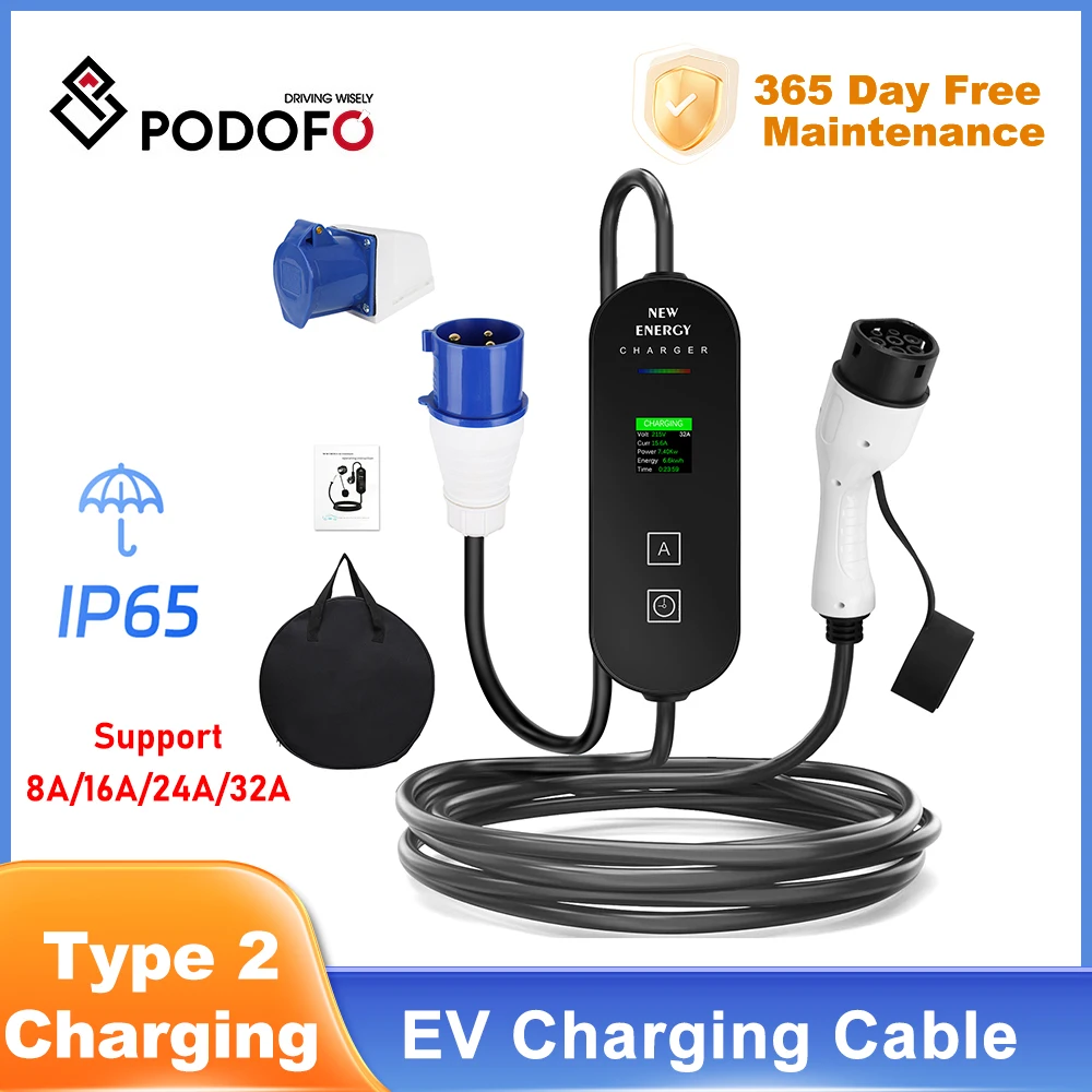 Podofo Type 2 Charging Cable 16A 5M 3.68KW EV Charging Cable, Portable EV Charger Adjustable Electric Car Charger with Screen