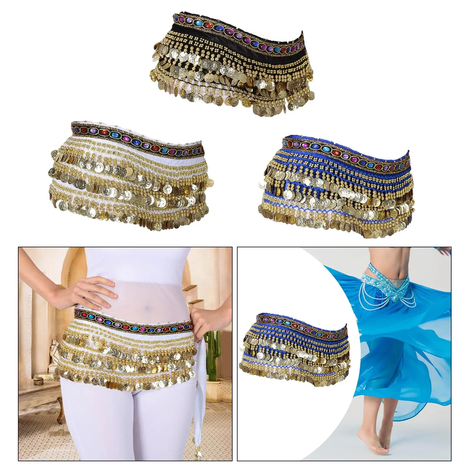 Belly Dance Hip Scarf Bellydance Hip Belt Costume Dancewear Sequins Skirt Waist Chain for Stage Performance Rumba Women Girls