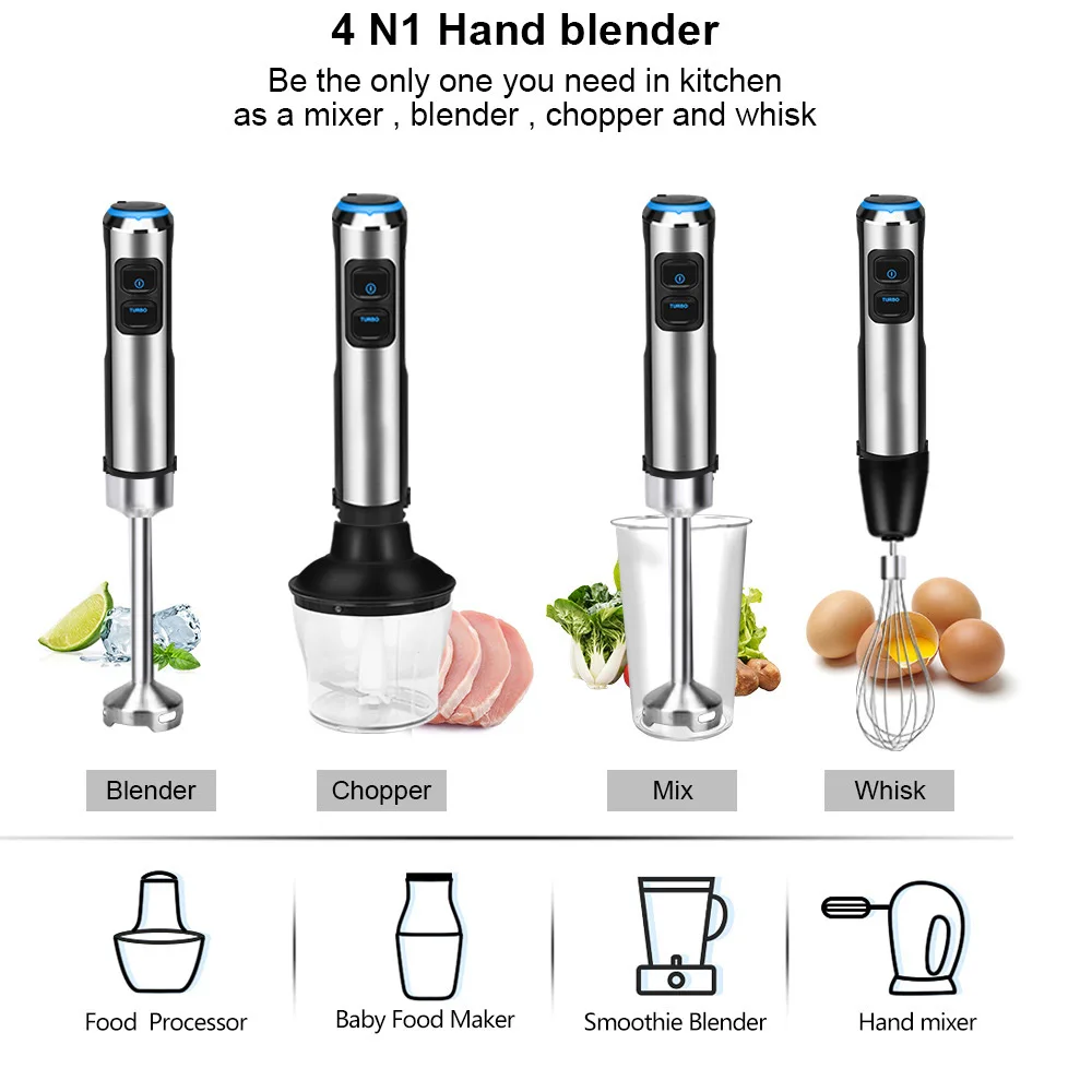 Liquidificador manual 4 em 1 de alta potência, 1200W, misturador de carne vegetal, inclui picador e copo de smoothie, batedor de aço inoxidável