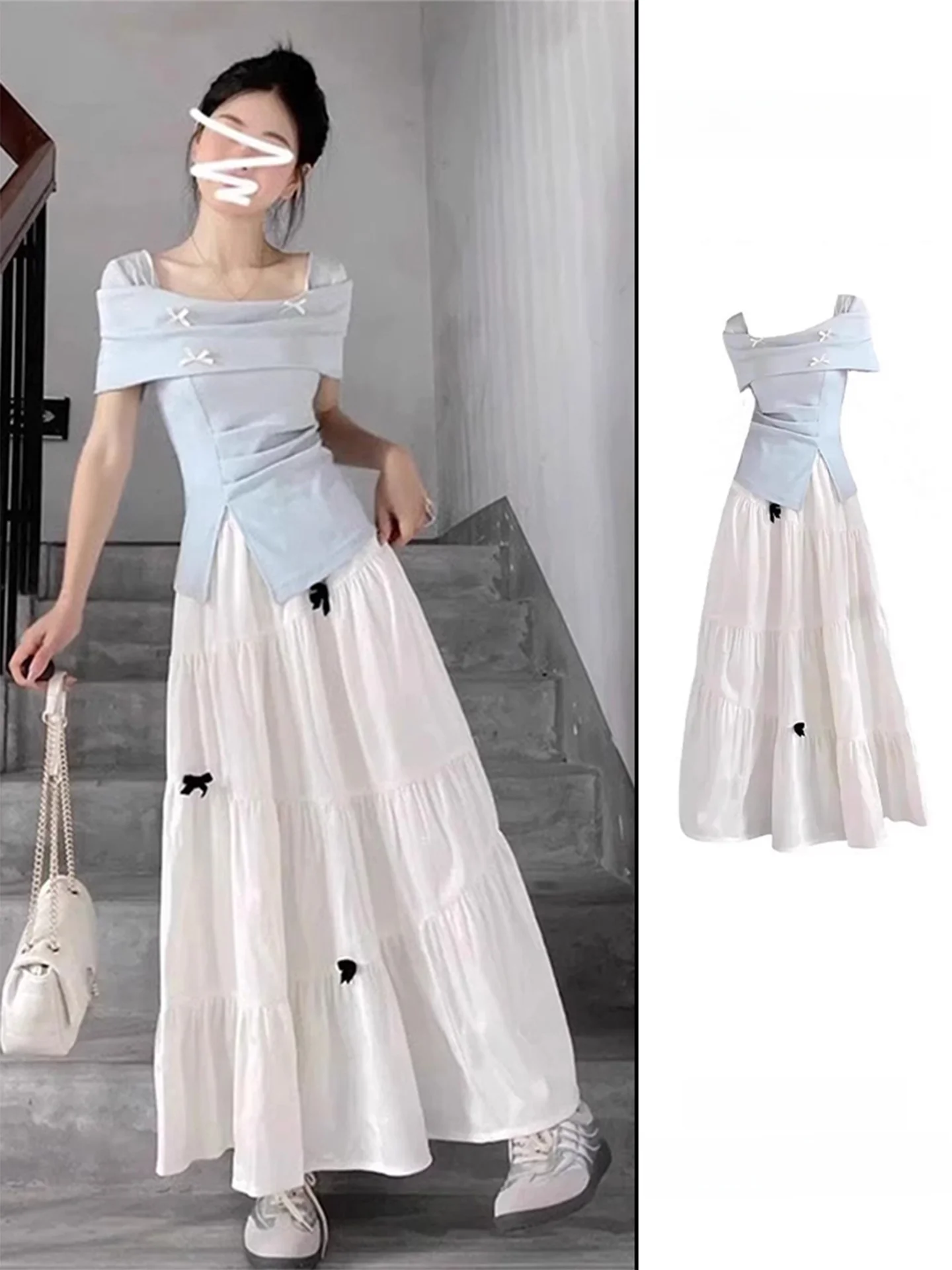 

Синий разделенный топ Or Sve Sweet Knot и белая юбка, комплект из двух предметов, лето 2029, женский ансамбль Faion