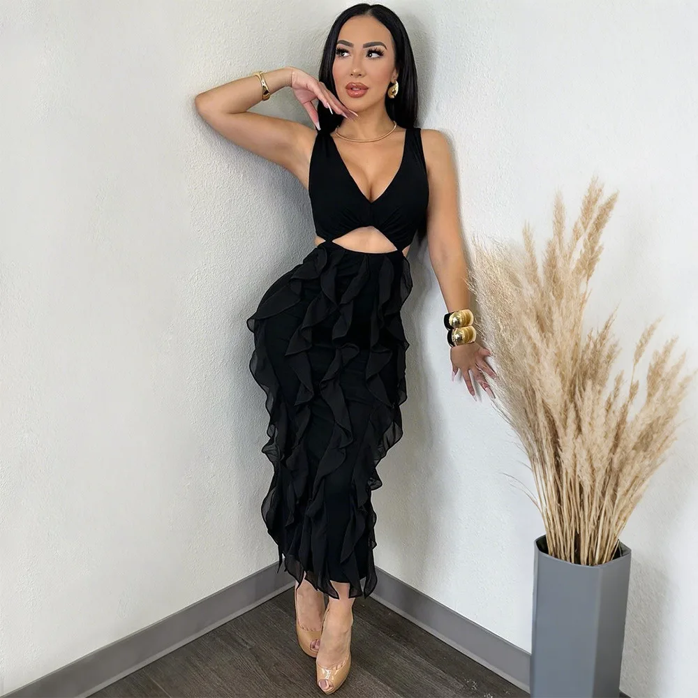 Women V-neck Ruched Ruffles Hollow Out Bodycon Midi Long Dress Summer Sleeveless Birthday Vacation Sexy Party Dresses