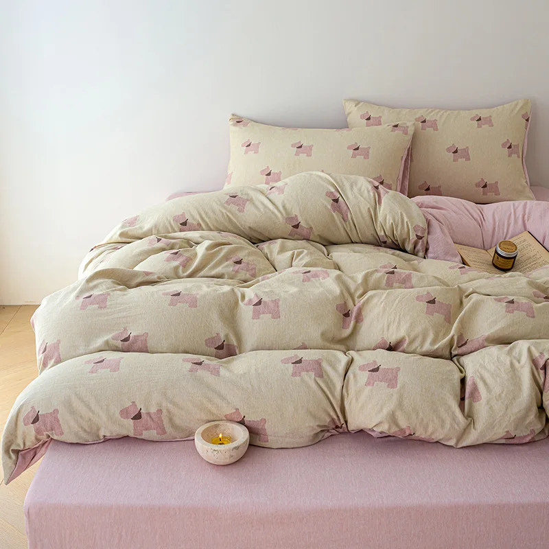 Warm yarn-dyed warm fleece ground double-layer yarn bed four-piece set thickened in autumn and winter cute cartoon