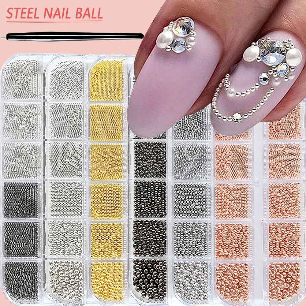 12Gird/Doos Roestvrij Staal Kaviaar Kralen Nagel Bedels Goud/Zilver Stalen Kraal Nagel Sieraden Manicure Micro Ballen Nail Art Decoratie