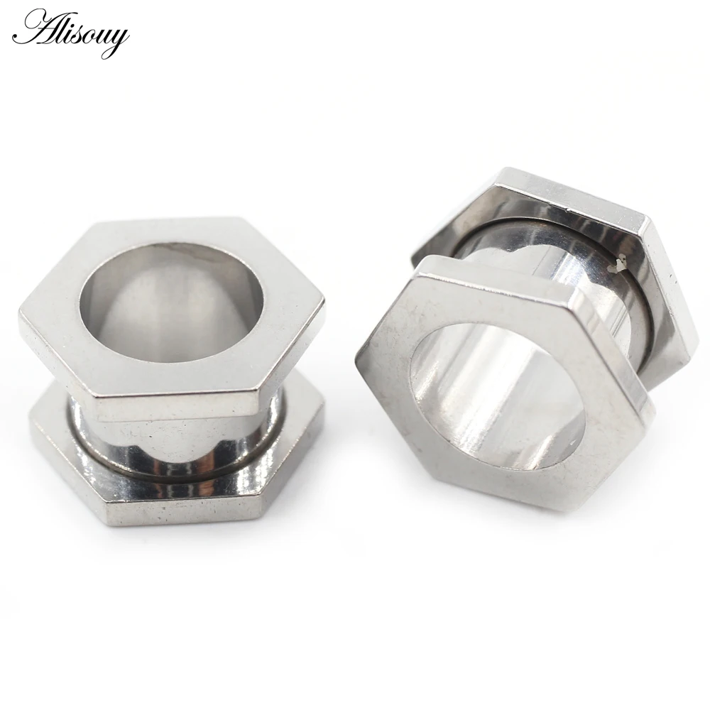 Alisouy 2 قطعة مسدس من الفولاذ المقاوم للصدأ الجوف الخيوط الأذن الأنفاق المقابس المتوسع نقالة قياس أقراط ثقب مجوهرات للجسم #2