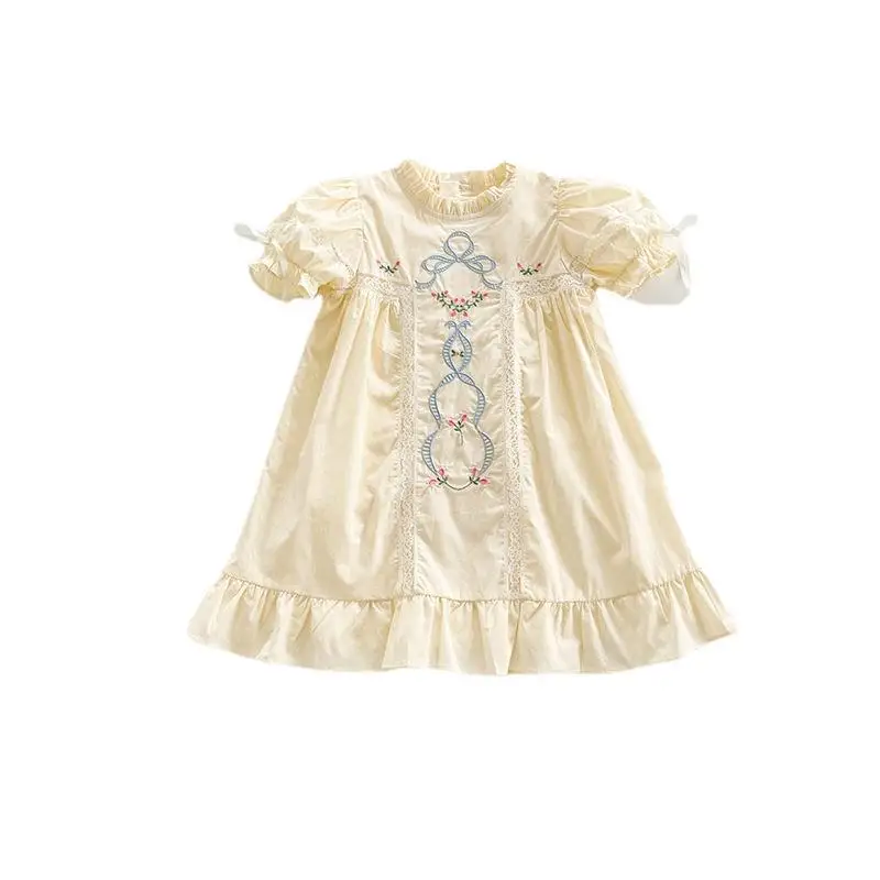 Bow Embroidery Lace Girls\' Dress Summer Stand Up Collar Temperament Short Sleeved Children\'s Princess Kids Dresses for Girls
