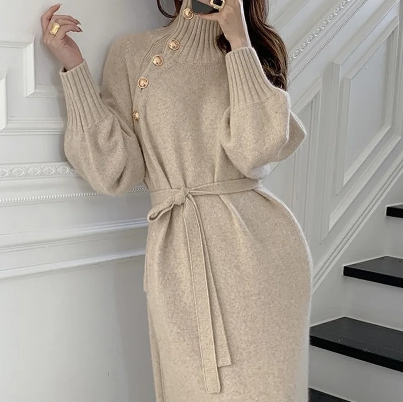 

Женское трикотажное платье на шнуровке, Длинное свободное трикотажное платье с высоким воротником, одежда для осени и зимы, 2023