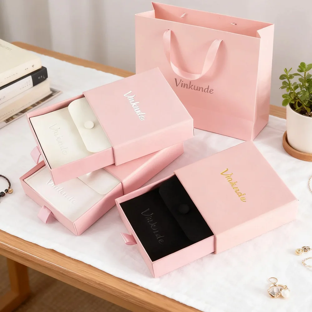 7x7x1.7 سنتيمتر بسيطة مخصصة الوردي الداكن مجوهرات عبوة تعبئة المحمولة ورقة درج علب الهدايا مع المفاجئة حقيبة لتخزين قلادة حلقة #1