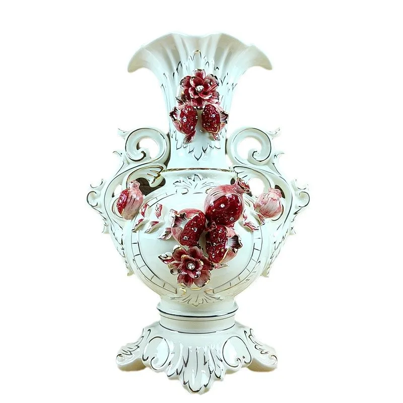 Vas bunga besar Eropa, keramik berlapis emas, motif delima, hiasan ruang tamu, vas binaural, mewah kelas atas