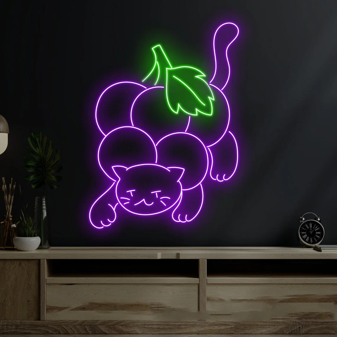 Grape Cat Neon Sign Custom Grape Cat Led Sign Bar Pub Wall Decor Fruit Shop Light Cocktail Bar Neon Wall Grape Shop Decor