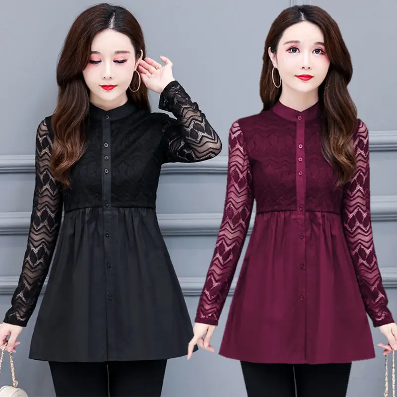 

Woman Streetwear Long Sleeve Chiffon Oversize Elegant Shirt Female Shirts Loose T-shirt Ladies Wear Lace Print Spring Tops G169