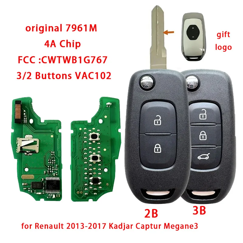 

original 7961M pcb for Renault 2013-2017 Kadjar Captur Megane3 433MHz 4A Chip CWTWB1G767 2/3Buttons VAC102 Remote Key with Logo