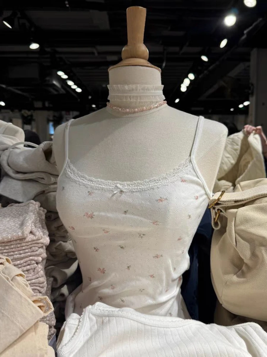 

Floral Lace Trim Eyelet Slim Tank Tops for Women Summer Bow Sleeveless Cotton Camisole Vintage Sweet Cute Preppy Style Crop Tops