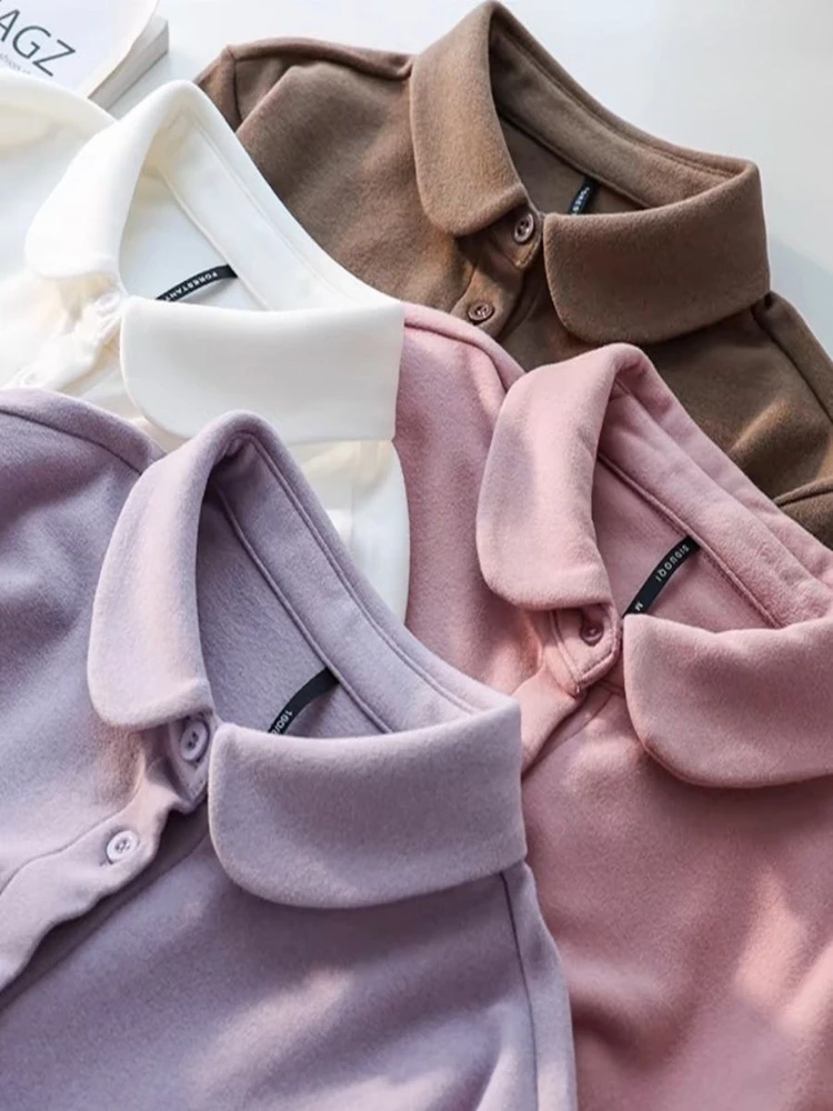 

Thiened Warm German Velvet Long Sve Doll Collar Women's irt Soft Skin-friendly Base Layer Top High Densi Autumn Winter