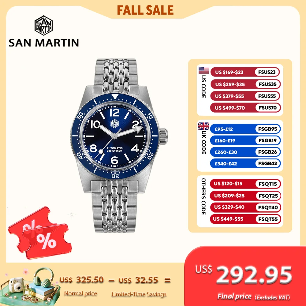 San Martin 37mm New 62Mas Men Dive Automatic Mechanical Watch Waterproof 200m Fly Clasp Wristwatch Sapphire Luminous SN0007X