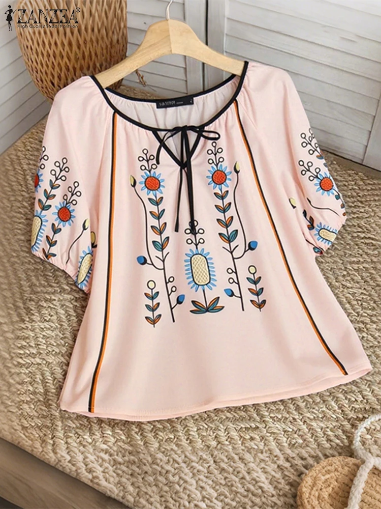 ZANZEA Vintage Blouse femmes été à manches courtes impression florale chemises 2025 mode pansement col en v décontracté élégant hauts bohème