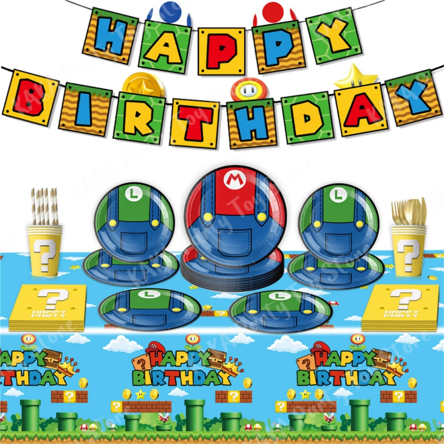 Super Mario Birthday Decorations Cartoon Mario Bros Balloons Paper Tableware Stickers Backdrop For Kids Party Supplies Toy Gifts