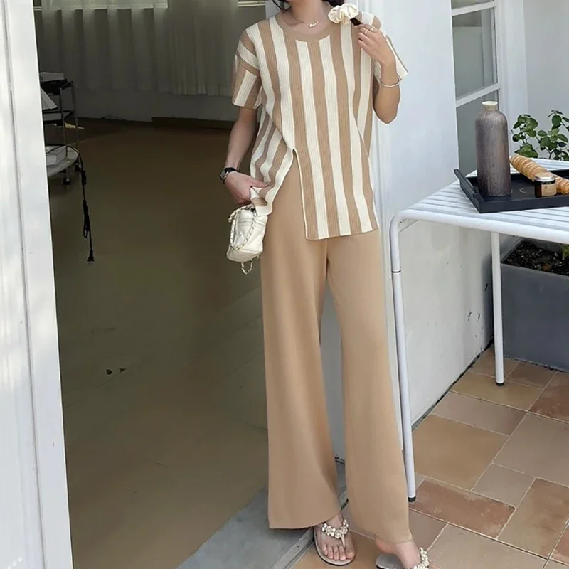 ITOOLIN Women Loose Short Sleeved Top Straight Trousers Set Chic 2 piece Striped Split Top High Waist Pants Set Lady Knit Outfit