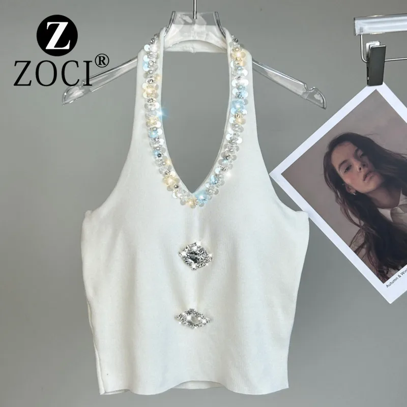 [ZOCI] 2024 Summer Design Fragrant Wind Heavy Industry Diamond Pendant Neck Sexy Tank Top Pure Desire Chest Cushion