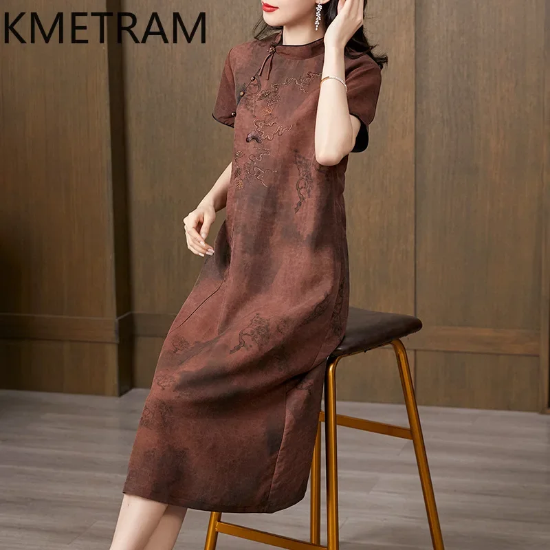 KMETRAM 100% Mulberry Silk Dress Women Luxury Party Long Dresses 2024 Summer Dress Womans Clothing Chinese Style Cheongsam 신상원피스