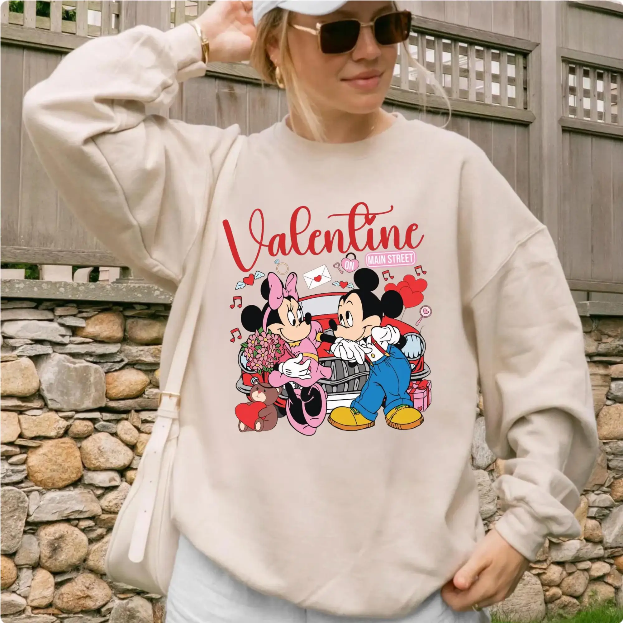 Moletom feminino Disney Mickey & Minnie para o dia dos namorados, moletom de lã para primavera e outono, para uso diário ao ar livre em qualquer ocasião