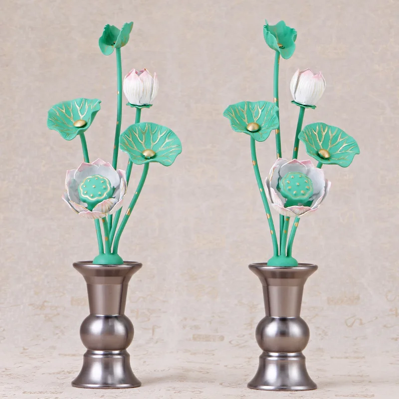 Buddha Temple Decor Zinc Alloy Gilt Lotus Vase Hand Painted Creative Ornament Direct from Manufacturer