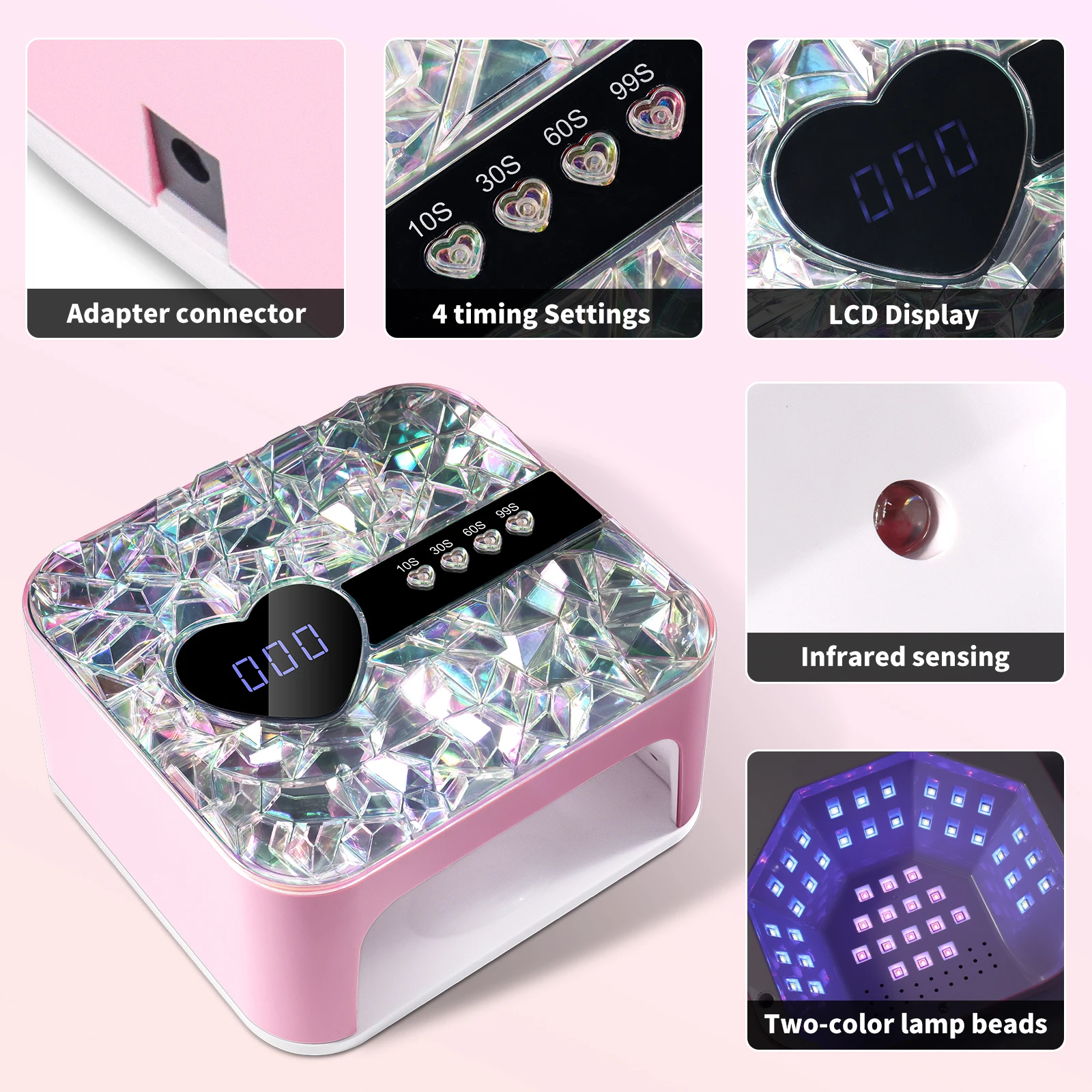3D Crystal UV LED Nail Lamp For Fast Drying Gel Nail Phototherapy Machine 45 LEDs Heart Shape Manicure Salon Tool Equipment
