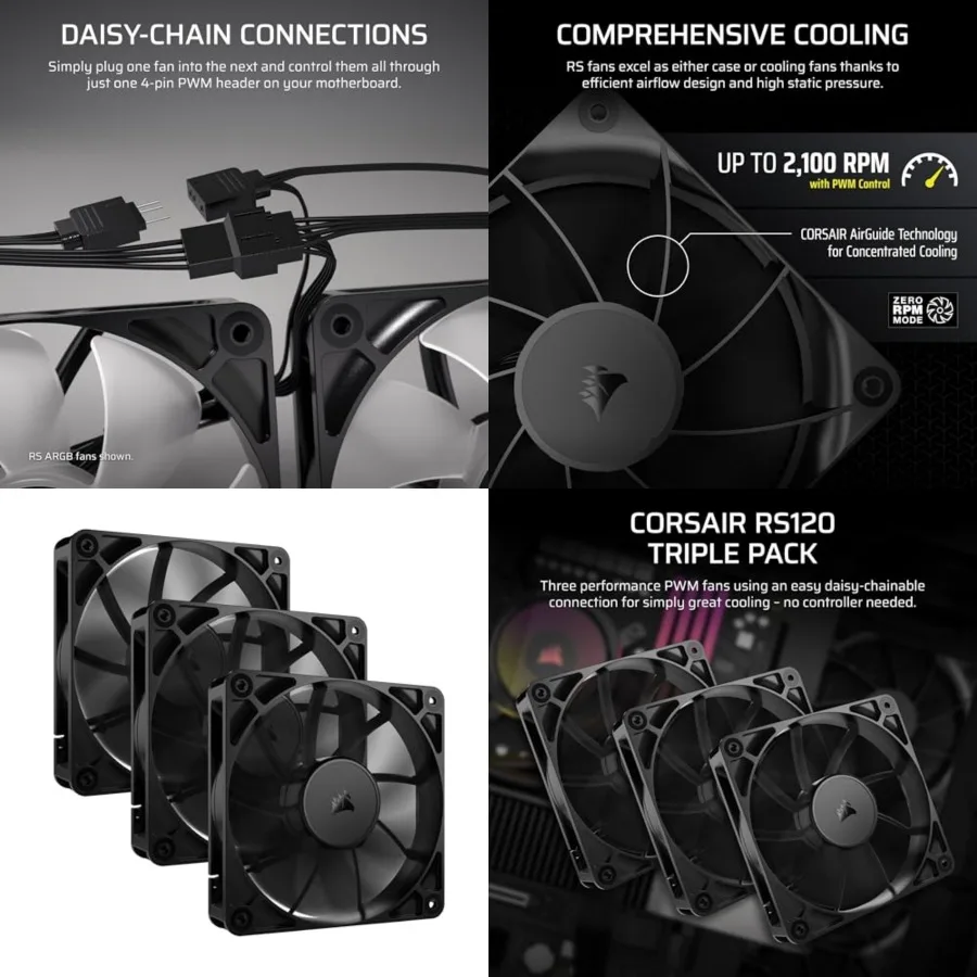 

RS120 120mm PWM Fans Daisy-Chain Connection Low-Noise Magnetic Dome Bearing Triple Pack