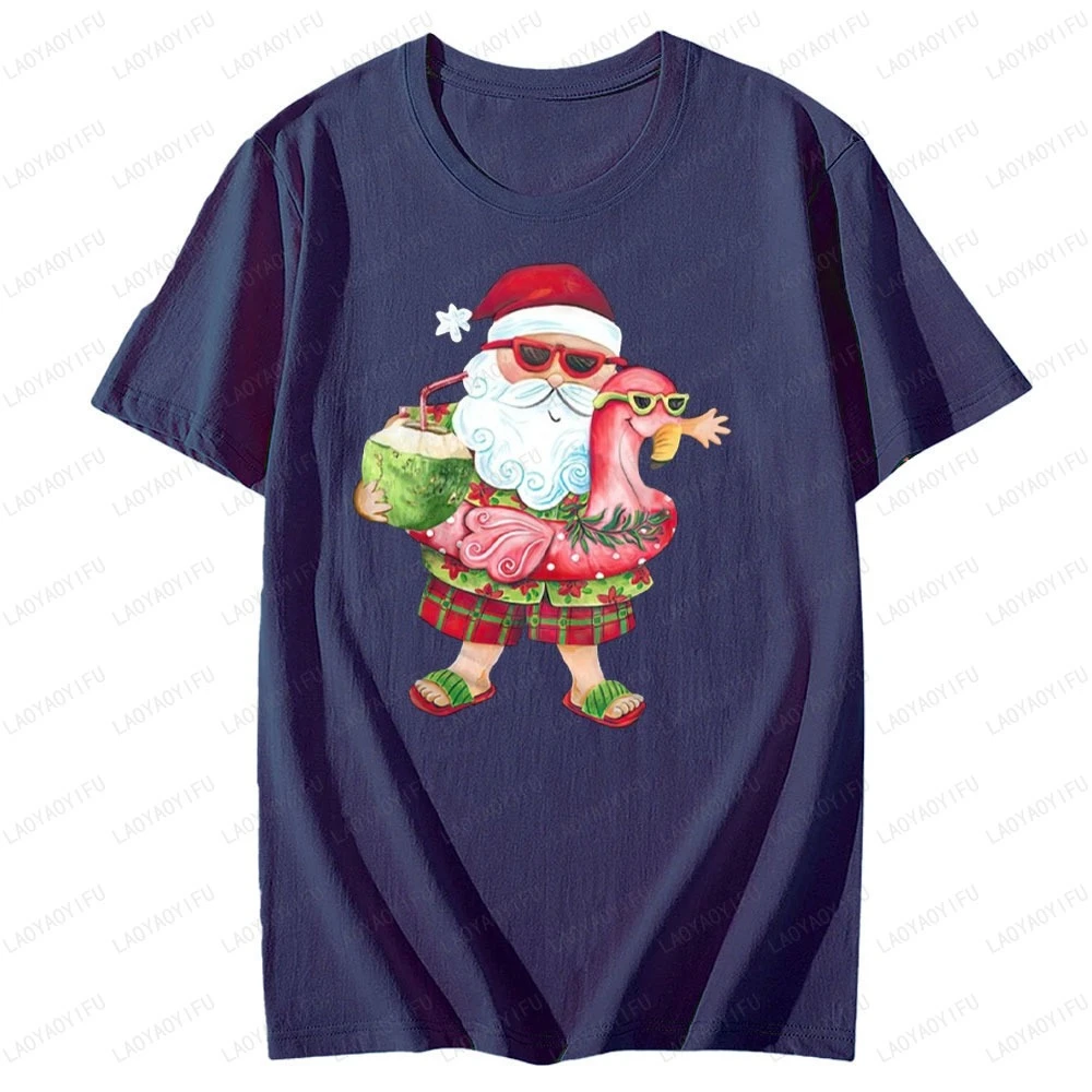 Christmas Funny Santa Claus Drinking Coconut Graphic T Shirts Beach Flamingo Swim Ring Women Clothing Men Tops Classic Shirt