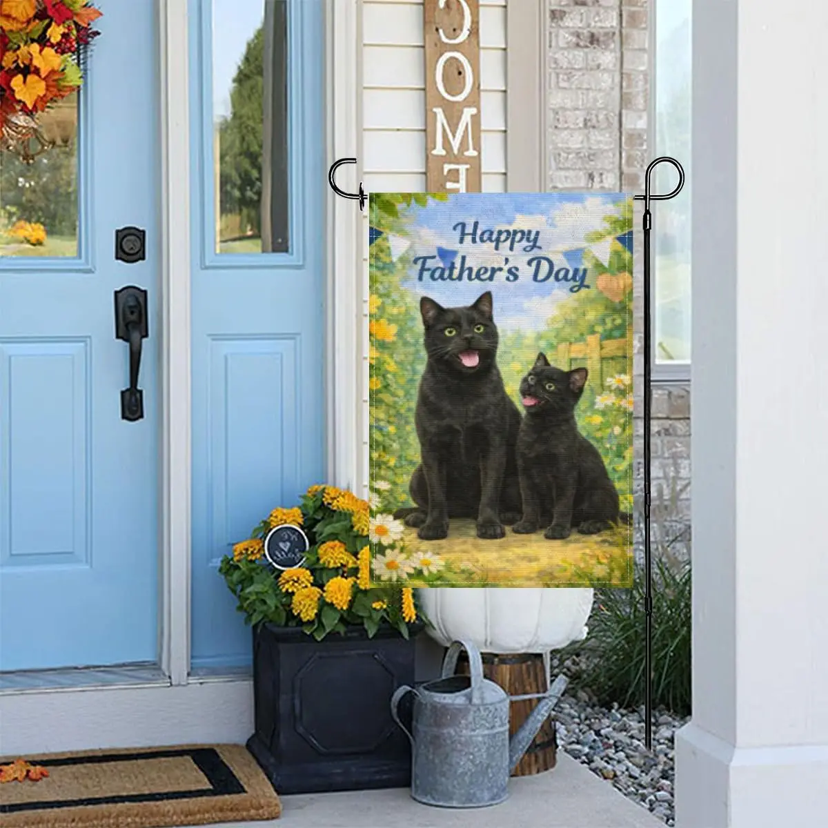 Happy Father’s Day Garden Flag Black Cat Dad and Baby Double Sided Outside Yard Decoration Small Yard Flag 12x18 Inch Porch  MMZ