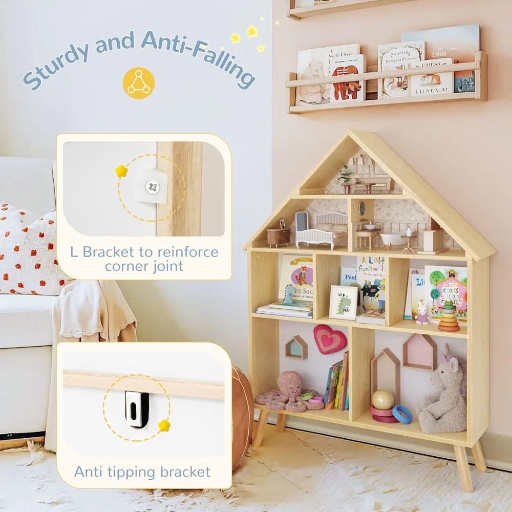 libreria per casa delle bambole per bambini e portaoggetti per bambini - libreria per casa delle bambole con supporto in legno con organizer per esposizione a 4 livelli, boo per bambini