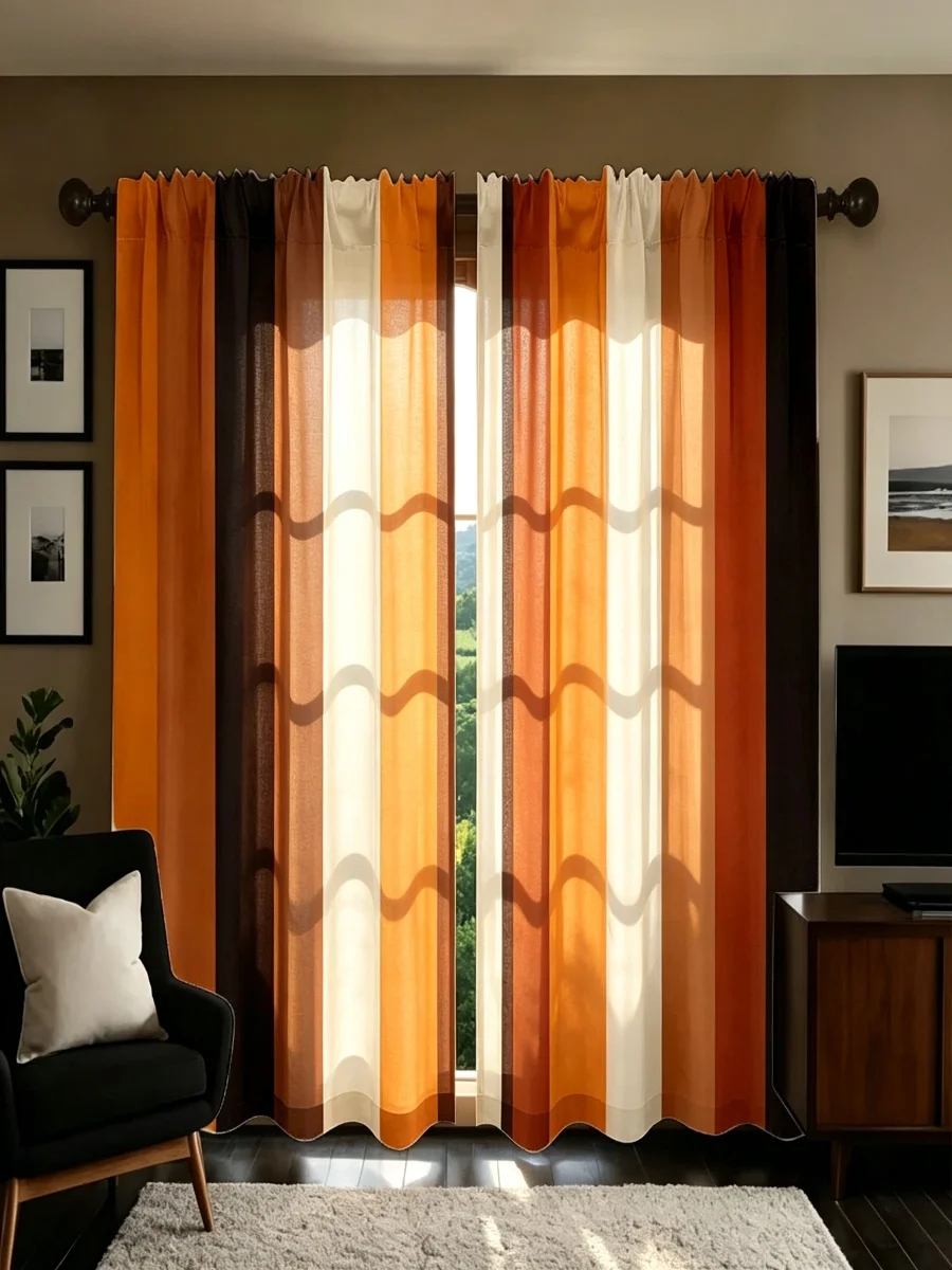 2PCS Retro Vertical Stripe Curtains, Orange Brown Black Beige Warm Color Pattern Window Drapes for Bedroom Living Room Decor