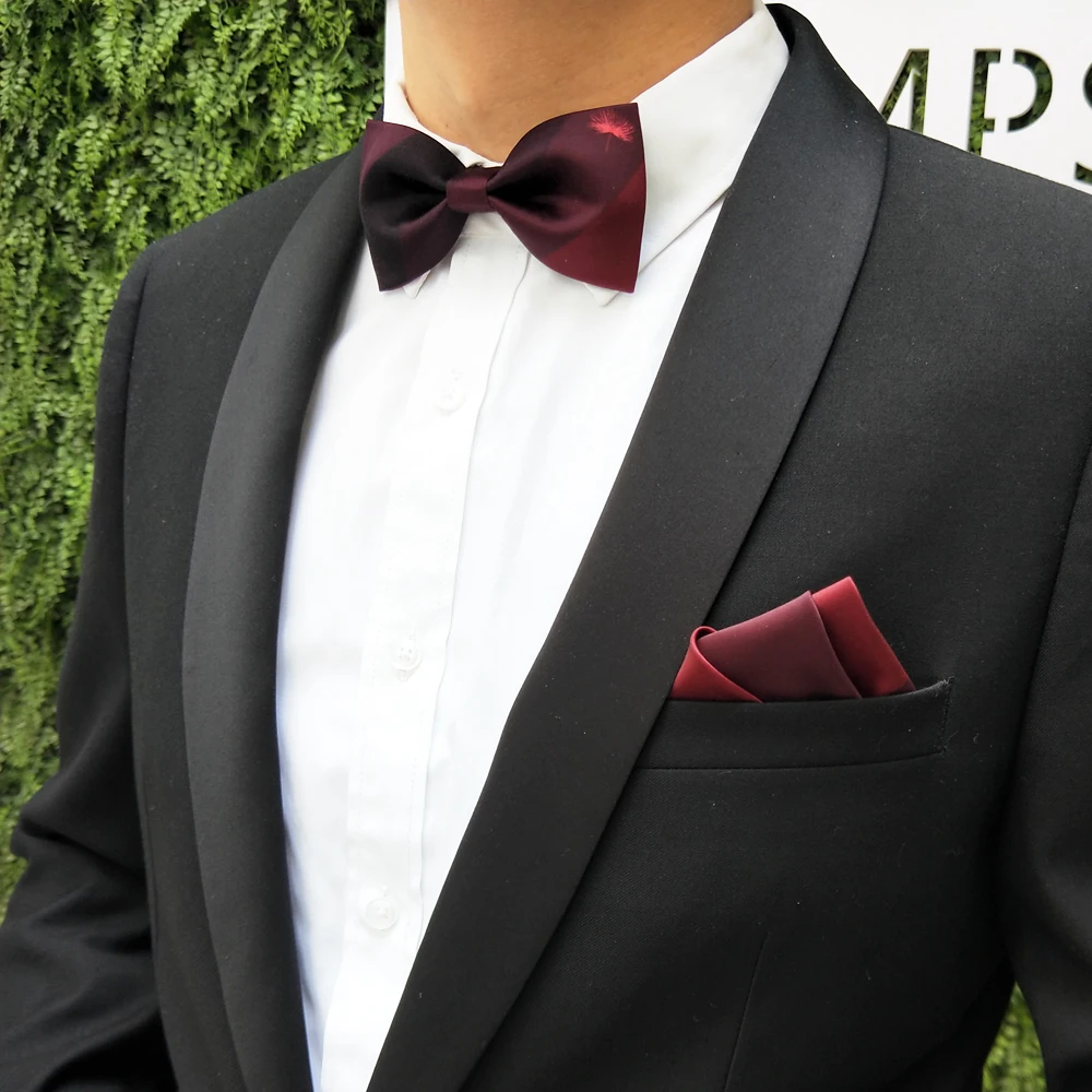 Wedding groom, groomsmen, annual party, acacia flowers, red, black, gradient texture, men's bow tie