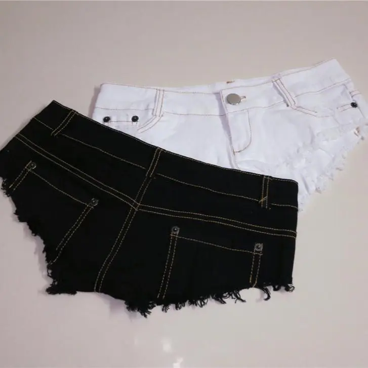 2025 Women's Summer New Pole Dance Low Waist Ultra Short Tight Denim Shorts Black And White