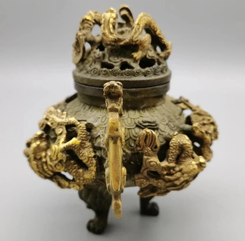 China bronze archaize nine dragon Incense burner crafts statue