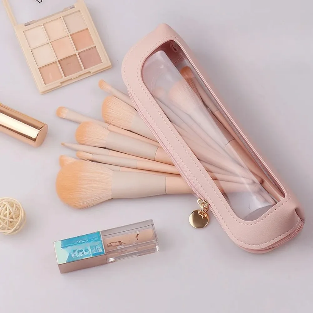 Pochette transparente pour pinceaux de maquillage, sac de rangement portable en cuir PU pour pinceaux cosmétiques, mini organiseur de voyage pour outils de maquillage, sac à fermeture éclair